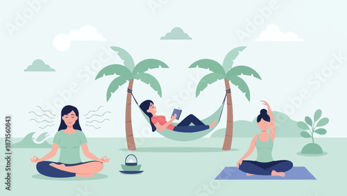 serene beachside relaxation with meditative women and hammock under palm trees