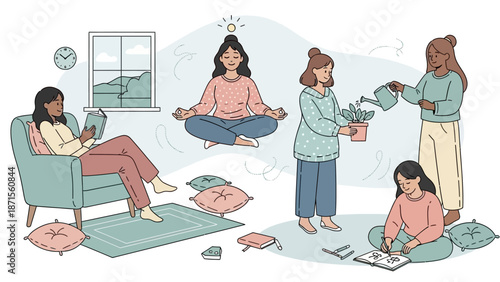 Women Practicing Meditation and Plants Indoors for Relaxation and Mindfulness