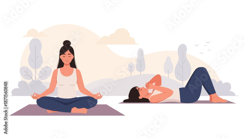 Serene outdoor yoga session with two women practicing mindfulness and