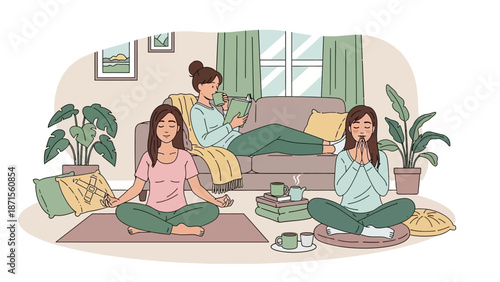 Relaxed women practicing meditation and mindfulness at home cozy interior scene