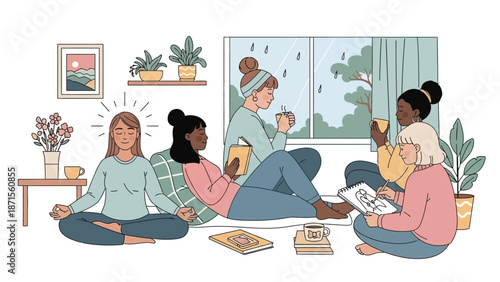 cozy indoor relaxation session with friends during rainy weather and natural