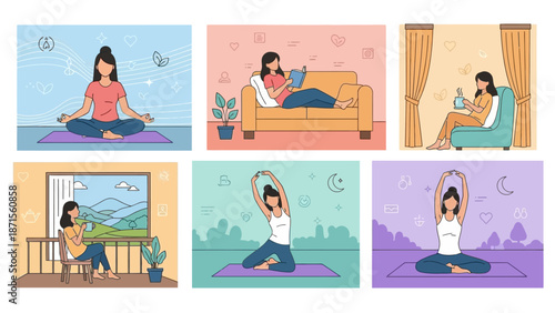 Relaxing and Meditative Indoor and Outdoor Yoga Practice Scenes Featuring