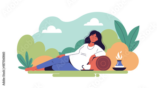 Relaxing woman resting outdoors on peaceful scenic nature background with a