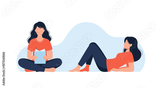 Two women relaxing and chatting outdoors with a calm atmosphere