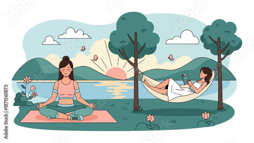 Serene outdoor relaxation scene with woman practicing yoga and another reading