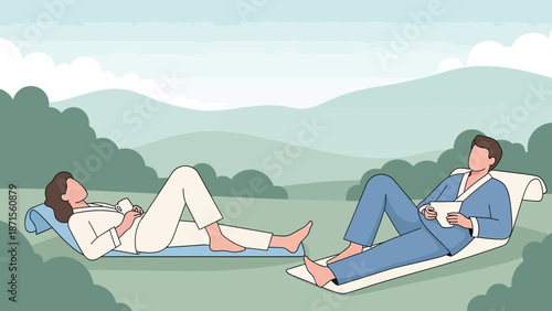 Peaceful outdoor relaxation with couple lying on mats in nature scenic