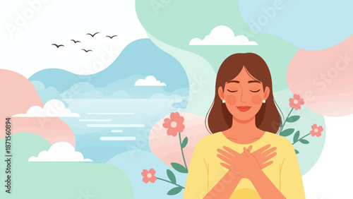 Serene woman with arms crossed over her chest amidst colorful natural landscape