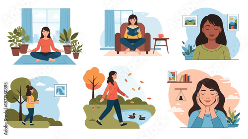 Women Engaging in Relaxation and Meditation Activities in Indoor and Outdoor