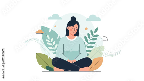 Serene woman practicing meditation outdoors surrounded by lush greenery and