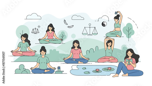 women practicing meditation in peaceful outdoor environment with water and