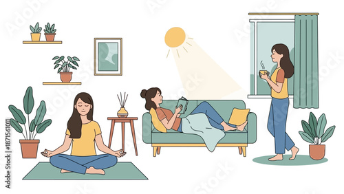 Relaxing Home Scene with Women Engaged in Meditation and Reading Activities
