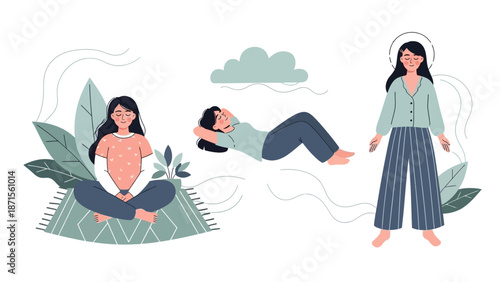 Serene women practicing mindfulness and relaxation amidst nature scenes
