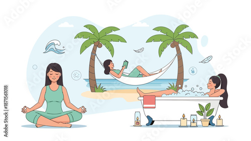 Relaxing Tropical Beach Scene with Women Enjoying Wellness and Leisure