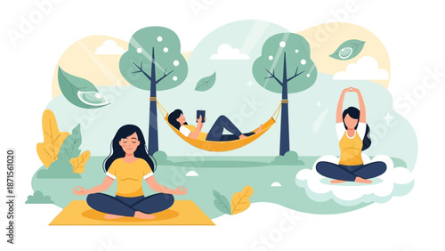 Serene outdoor meditation scene with relaxing individuals enjoying nature's