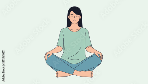 Peaceful woman practicing meditation in a calm setting with relaxed posture