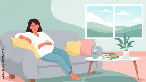 Relaxed pregnant woman resting on sofa in cozy living room with window view