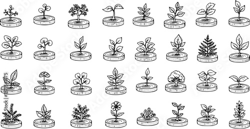 Sketch Style Plant Growth Icons: Stages of Development, Seedling to Tree