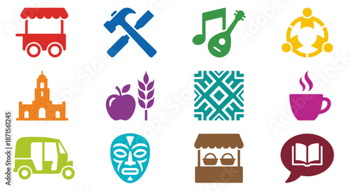 Local flavor vector set featuring food cart, artisan tools, folk music, community, landmark, harvest, pattern, coffee, rickshaw, tribal mask, market stall, and education book symbols.