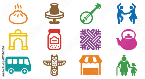 Local flavor vector pack featuring dumpling, pottery wheel, banjo, folk dancing couple, archway, jam jar, weaving pattern, teapot, bus, totem pole, market stall, and family generation.