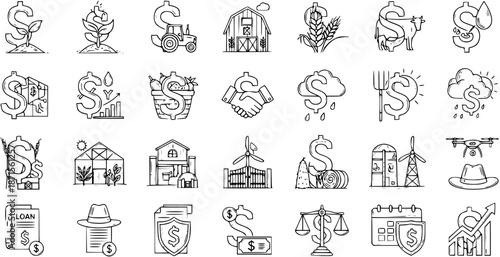 Hand Drawn Doodle Line Art Icons Set of Agricultural Finance and Farming Business Concepts