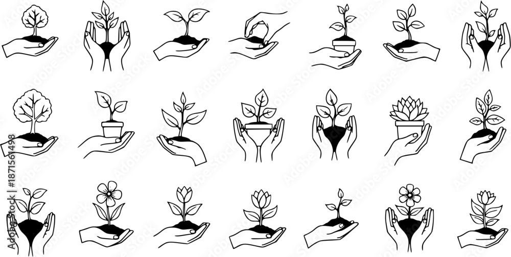 Fototapeta premium Growing Hope: Hands Nurturing Plants Trees Icon Set