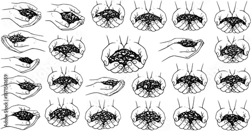 Collection of black and white hand-drawn illustrations depicting hands holding soil, dirt, and earth, symbolizing nature, planting, agriculture, and environmental care.