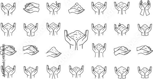Hands Holding Soil or Sand Line Art Set: Icon Collection for Gardening, Farming, and Environmental Concepts