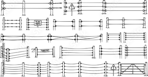 Detailed illustration of various farm fence types, including electric wire fences, barbed wire, posts, insulators, warning signs, and gate.