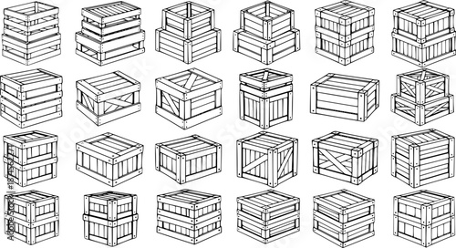 Detailed line art collection of various wooden crates and boxes, showing different shapes, sizes, and arrangements for storage and cargo themes.