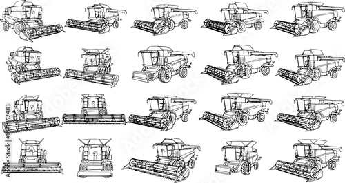 Seamless Pattern of Combine Harvesters: Intricate Outline Illustration for Agriculture, Farming, and Machinery Themes