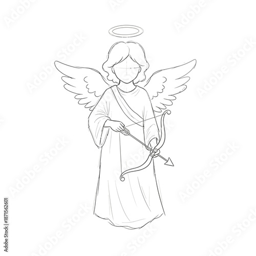 Angel with Bow and Arrow Sketch, Cupid, Love, Valentine's Day, Drawing