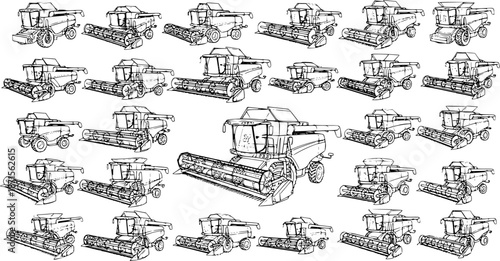 Sketchy line art collection of combine harvesters and agricultural machinery for farming, harvesting, and modern industry on a white background