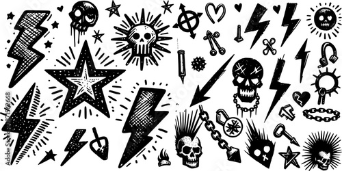 Vector set of black and white icons featuring a collection of alphabet letters, numbers, and arrow symbols in a hand-drawn sketch style for school art design