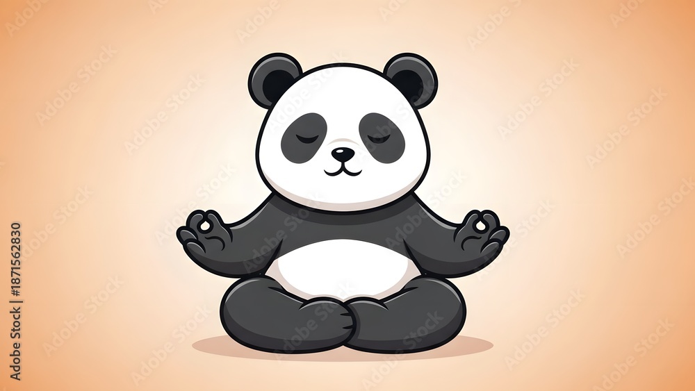 Fototapeta premium Cute cartoon panda meditating in lotus position with closed eyes on a soft orange background, depicting peace and mindfulness.