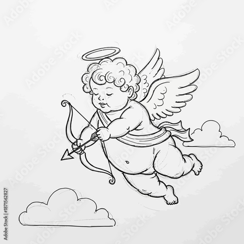 Cute Cupid Angel with Bow and Arrow, Flying in the Sky, Valentine's Day Illustration
