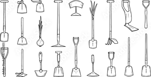 Gardening Tools Outline Illustration: Shovels, Hoes  Planters Set