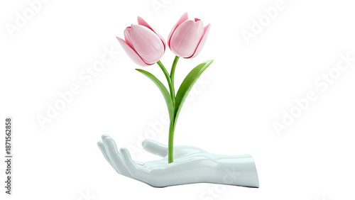 White Hand Holding Two Pink Tulips