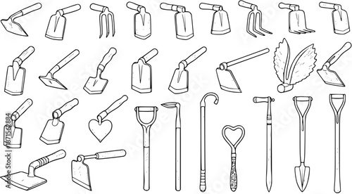 Detailed Line Art Collection of Garden Hand Tools. Diverse Hoes, Shovels, Forks, and Cultivating Implements in Black and White Outline for Gardening Projects.