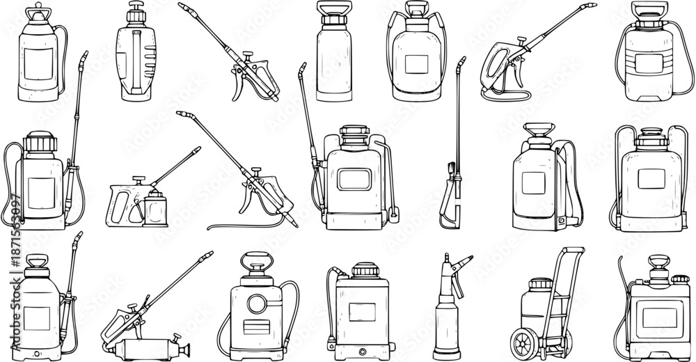 Obraz premium Hand-drawn collection of garden and agricultural sprayers, including pump, trigger, backpack, and wheeled types. Outline vector illustration set for pesticide, herbicide, and plant care tools.