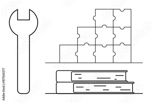 Problem-solving concept. Problem-solving illustrated with a wrench, puzzle pieces, and books solutions, tools, and knowledge enhancement. For education, teamwork, strategy innovation and skills