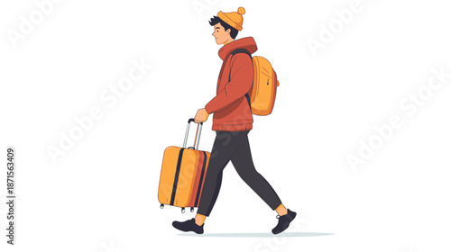 Man Walking with Luggage and Backpack.