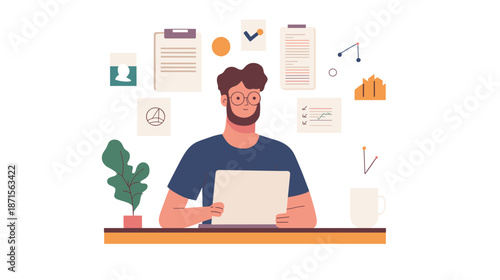 Man Working on Laptop at Desk.