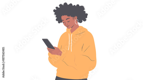 Young man using smartphone standing isolated.
