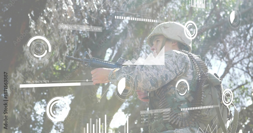 Fototapeta premium Aiming soldier in camo uniform and helmet, holding rifle and scanning forest with HUD overlay