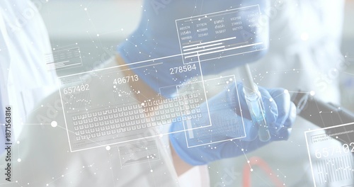 Pipetting blue-nitrile-gloved technician in white-coat handling pipette and vial at lab, overlays