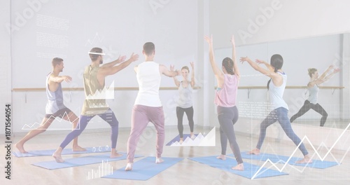 Leading instructor wearing activewear guiding class lunging at studio, blue mats, mirror overlays