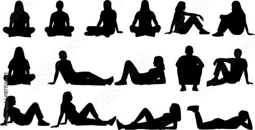 Silhouette people sitting and lying down, various human poses, casual posture illustration, flat vector artwork, diverse group scene, black art