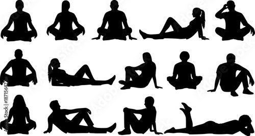 Silhouette people sitting and lying down, various human poses, casual posture illustration, flat vector artwork, diverse group scene, black art