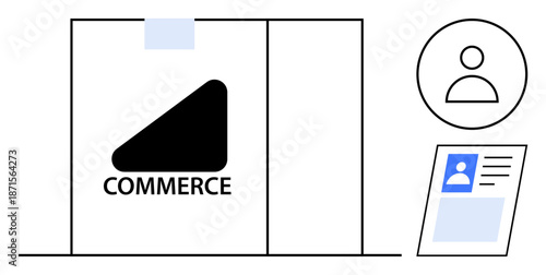 Digital commerce. Digital commerce elements with user identification and company branding. Digital commerce streamlining online transactions and identity verification. Perfect for e-commerce