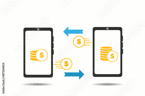 Digital money exchange and transfer illustration between devices. Suitable for fintech apps, online payments, financial services, and transaction concepts.
